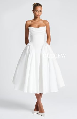 Cudiew Satin Prom Dresses Strapless Corset A Line Formal Cocktail Dress for Women Tea Length2