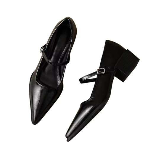 LUXINYU Women Comfortable Microfiber Upper Pointed Toe High Heels Metal Buckle Strap Block Chunky Low Heel Pumps Fashion Party Dress Shoes Work Shoes