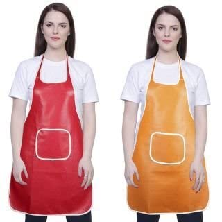 Image of Rexine Waterproof Kitchen Apron Multi color With Front Pocket-Set Of 2