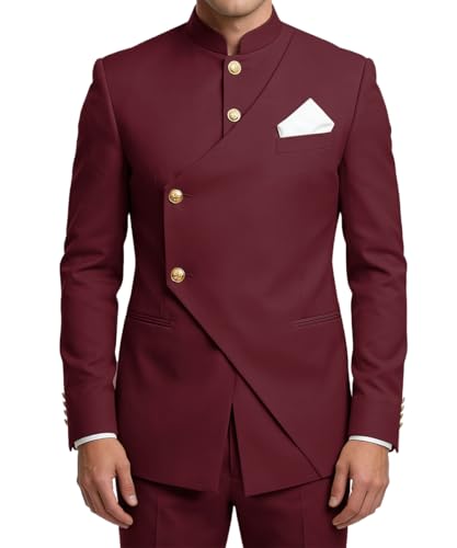 Wrycay Chinese Tunic Suit for Men 2 Piece Slim Fit Suit,Dark Wine Red,S