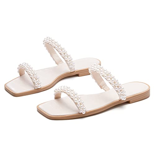 Coutgo Womens Flat Sandals Square Open Toe Pearl Two Strap Slip On Beach Slide Dressy Sandal3