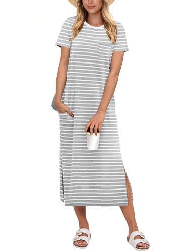 Image of ANRABESS Womens Midi Dress,Summer Long Tshirts Dresses,Short Sleeve Split Stripe,Comfy Travel Beach Vacation Casual Wear