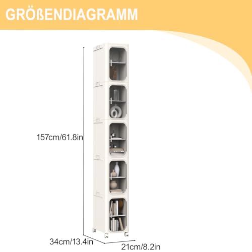 Image of 5-Tier Slim Tall Bathroom Cabinet, Plastic Narrow Cabinet with Doors and Shelves, Floorstanding Skinny Organizer with Wheels