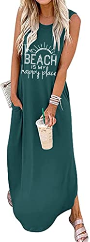 Women's Casual Beach Summer Dresses Sleeveless Graphic Long Sundress Cover Up Dresses with Pocket