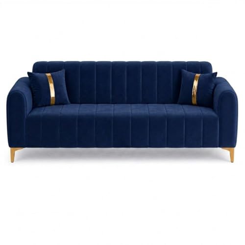 Image of FURNY Harmony 3 Seater Fabric Sofa Set & Golden Legs (Dark Blue) with Velvet Finish | Durable Comfort | Ideal for Living Room