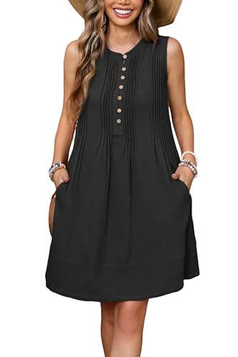 Image of R.Vivimos Sleeveless Cotton Casual Dresses for Women Summer 2026 Button Up Ruched Loose Tunic Mini Dress with Pockets