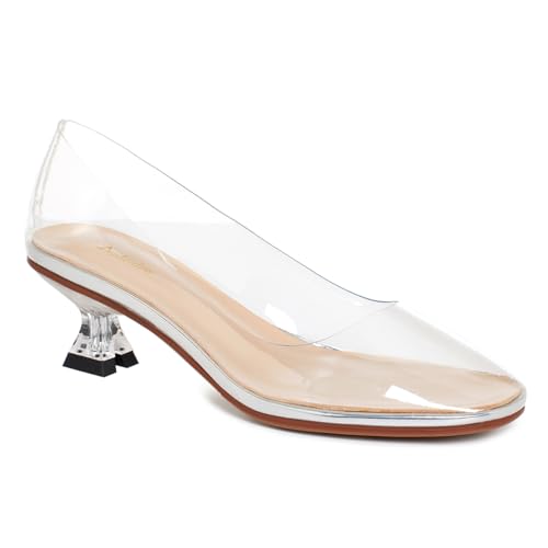 Women Clear Low Kitten Heels Pumps Shoes Round Closed Toe Slip On Transparent Sandals Open Peep Toe Chunky Block PVC Heels Crystal Pumps Office Wedding Party Dressy Summer Chic 4-11 M US3