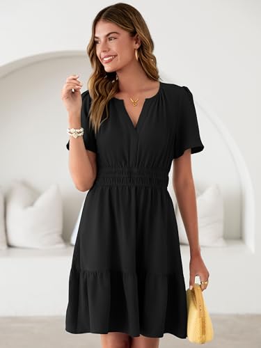 Image of Simplee Womens Casual Summer Dresses 2026 V Neck Short Sleeve Empire Waist Flowy A Line Ruffle Tiered Mini Sundress