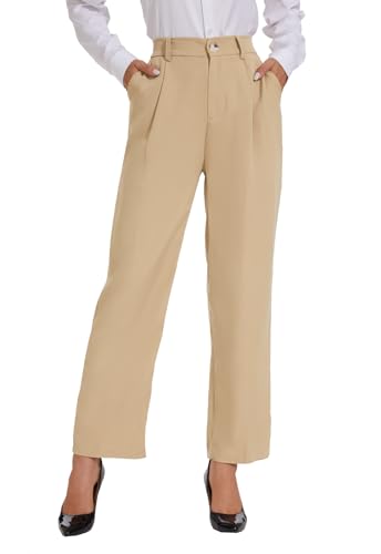 BATHRINS Dress Pants Women High Waisted Casual Straight Leg with Buttons/Elastic Waist Khaki