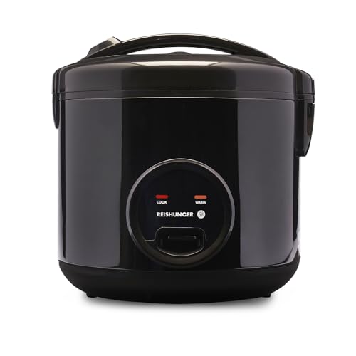 REISHUNGER Reiskocher & Dampfgarer mit Keramikbeschichtung, Schwarz, 1,8L - bis zu 10 Portionen - Schnelle Zubereitung ohne Anbrennen - Mit Warmhaltefunktion inkl. Dämpfeinsatz, Löffel & Messbecher