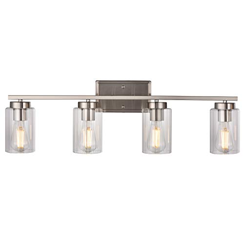 VINLUZ Farmhouse Bathroom Wall Lighting 4-Light with Clear Ribbed Glass Shade Vintage Vanity Light Fixtures Brushed Nickel Industrial Wall Sconces for Kitchen Living Room Hallway Bedroom