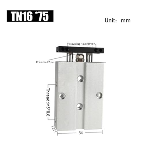 Vérin pneumatique double axe TN 16mm course 75mm en alliage d'aluminium