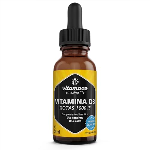Vitamaze® Vitamina D3 Gotas Dosis alta 1000 UI, 50 ml (1750 Gotas) Liquida Pura, Colecalciferol Vegetariano, Alta Biodisponibilidad, Suplementos Alimenticio sin Aditivos Innecesarios