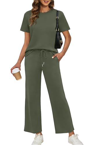 XIEERDUO Womens Lounge Sets Two Piece Summer Outfits Spring Travel Loungewear Short Sleeve Vacation Tracksuits Cozy Airport Airplane Track Suit Ladies 2026 Clothes Clothing Loose Fit Khaki XXL - view 3