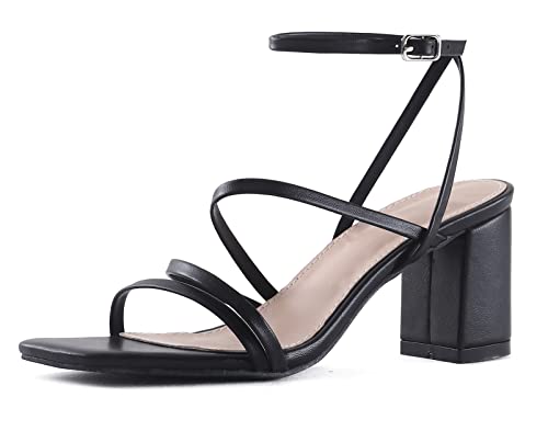 Image of LACUONE Strappy Heels for women Block Heels Square Toe Chunky Ankle Buckle Pump Heeled Sandals