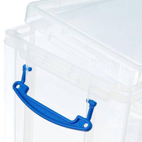 Image of Really Useful Box 19 Liter Plastic Stackable Storage Container w /Snap Lid & Built-in Clip Lock Handles for Home & Office Organization, Clear (4 Pack)