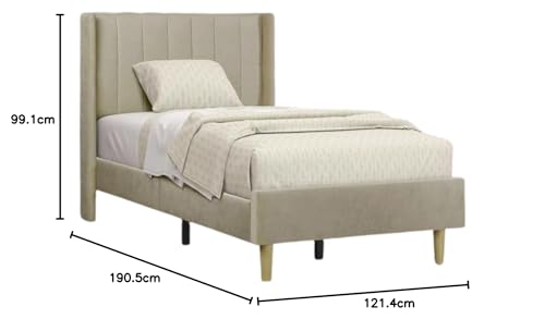Image of Modern Upholstered Single Size Bed Without Storage | Single Size Bed for Bedroom with Headboard | Palang Furniture for Guest Room, Hotels and Home | Beige, (Beige)
