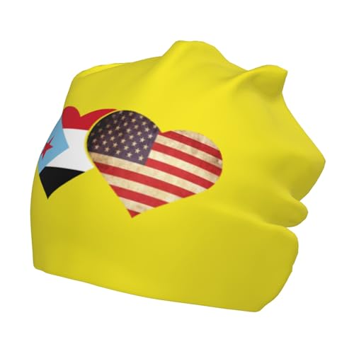 South Yemen Flag and American Flag Children Hip Hop Knitted Hat Kids Elastic Leisure Knit Cap Warm Sleep Beanies Black