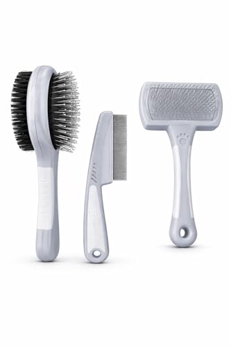 Pet Grooming Kit for Dogs & Cats – 3-in-1 Dog Grooming Set with Slicker Brush, Dual Bristle Brush & Flea Comb – Removes Loose Fur, Reduces Shedding