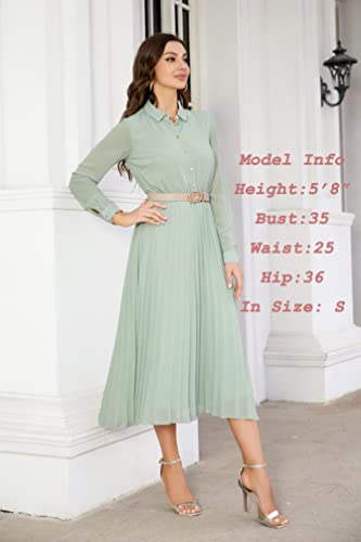 Image of Business Casual Shirt Dress for Women Long Sleeves Pleated Midi Dresses with Belt