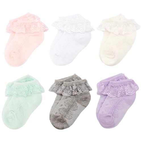 Meeshine 6 Pack Baby Girls Eyelet Lace Socks Frilly Ruffle Princess Dress Soft Cotton Socks for 1-8T Toddler Kids