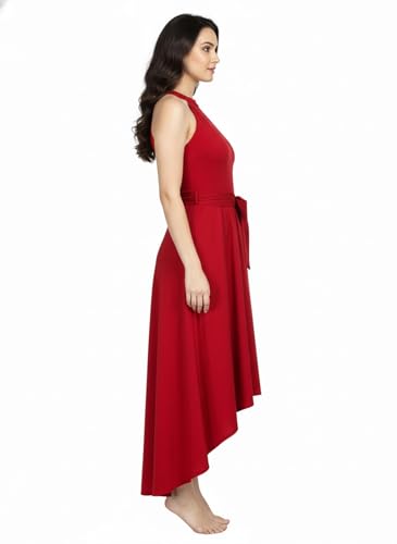 Image of Women Fit & Flare High Low Midi Dress | Sleeveless Round Neck One Piece Dress with Waist Tie Detail | Flowy Western Dress for Party and Casual Styling