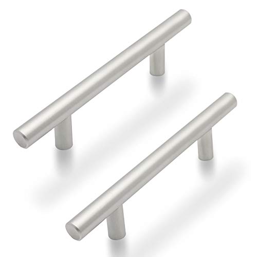 50 Pack Cabinet Pulls Kitchen Cupboard Handles 3.5 inch Holes Centers Stainless Steel Cabinet Drawer Handles, T Bar Euro Style with Brushed Nickel Finish 6 inch Total Length
