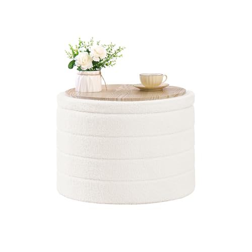 Bonlife Baúl Plegable, Puff Almacenaje, Taburete Reposapiés, Banco Almacenaje, para Sala de Estar, Dormitorio, Entrada, Blanco, Forma Circular, 56x56x40 cm