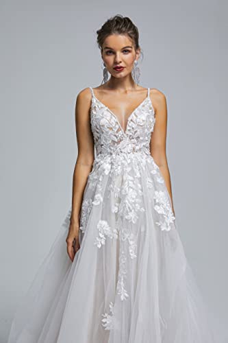 Image of Spaghetti Chiffon Beach Wedding Dress V Neck A line Bridal Gowns Lace Plus Size Wedding Dress