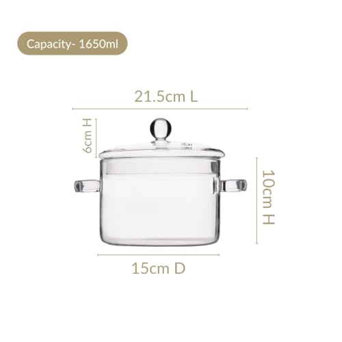 Image of Nestasia Borosilicate Glass Cooking Pot on Gas Stove (1650 ml) - Transparent Handi with Air Vent Glass Lid | Microwave & Dishwasher Safe Durable Vessel for Kitchen
