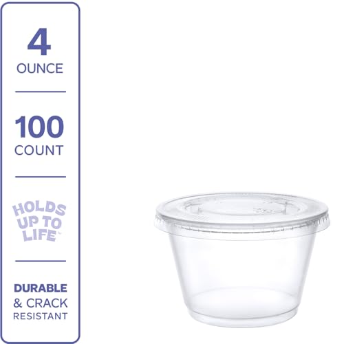 Image of GUSTO 4 oz Jello Shot Cups with Lids [100 Count] Clear Plastic Portion Containers, Condiment Cups for Sauces, Dressings & Samples - Durable, Stackable, Leak-Resistant (Formerly Comfy Package)