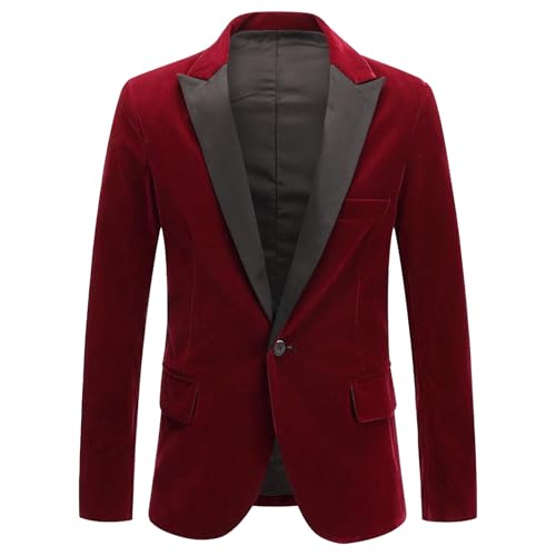 Blazer Homme en Velours Coupe Slim, Veste de Costume à Un Bouton, Smoking, Rouge Bordeaux, Taille L