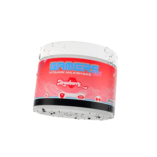 GAMERS ONLY ® | Koffeinfreier Vitamin Milkshake mit cremigem Erdbeer-Flavour | 11 Vitamine + L-Tyrosin | 200 g für 20 Portionen Cover