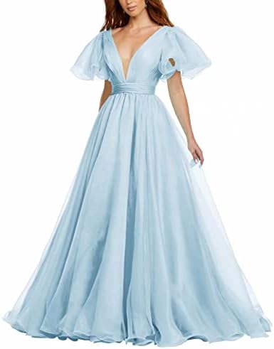 Bekvamlighet Organza Prom Dresses Long with Puffy Sleeves Deep V-Neck Ball Gown Out Door Bridal Gowns Backless Party DressParty Gowns Baby Blue Plus Size US20W