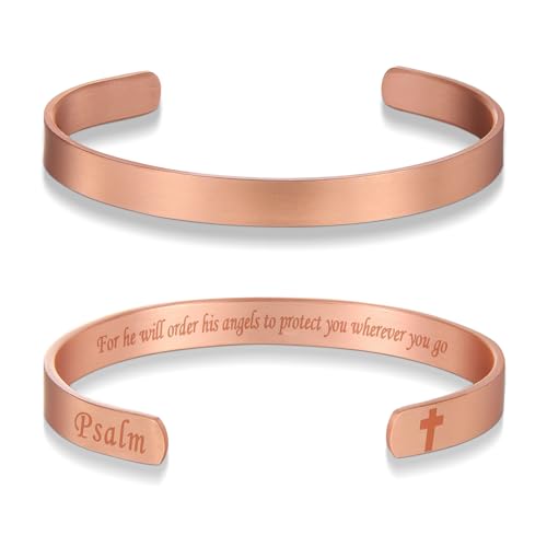 MagEnergy Cross Copper Bracelet for Men Women Engraved Quote Religious Cuff Bracelet Solid Copper Faith Christian Bible Verse Quotes