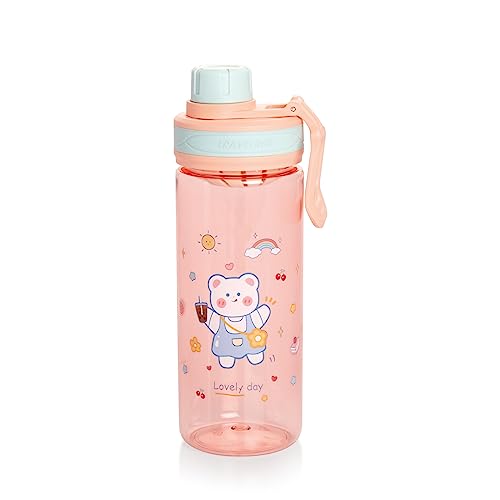 Image of Attro Champ 550ml Cute and Convenient Cartoon Printed Kids Plastic Water Bottle with Designer Hand Strap & Flip Lid BPA-Free-Perfect for School,Sports and Travel -Pink