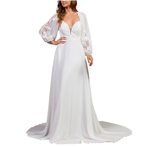 BFSWL Elegant Langarm Chiffon Brautkleider mit Schleppe Lang Spitzennähte Rückenfrei Hochzeitskleid Tiefem V-Ausschnitt Brautkleid Standesamt Kleid Schlicht Weiß Hochzeitskleid Für die Traumhochzeit BFSWL Elegant Langarm Chiffon Brautkleider mit Schleppe Lang Spitzennähte Rückenfrei Hochzeitskleid Tiefem V-Ausschnitt Brautkleid Standesamt Kleid Schlicht Weiß Hochzeitskleid Für die Traumhochzeit