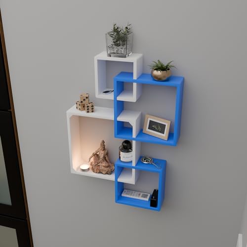 Image of ETIQUETTE ART Floating Cube Shelves - Intersecting Wall Mounted Shelves - Wall Decor Square Shelves for Bedrooms, Living Rooms & More - Set of 4 Box Shelves (Blue & White)