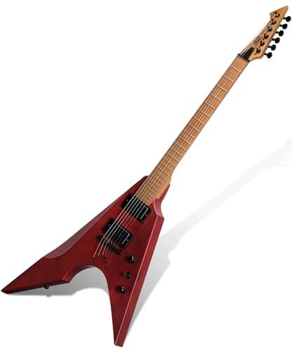 AKLOT Metal V Electric Guitar: HH Pickups Roasted Maple Neck Okoume Body String-Through-Body Stainless Steel Rounded Ball-End Frets Beginner Electric Guitar Kit for Adult Gig Bag Lesson Book