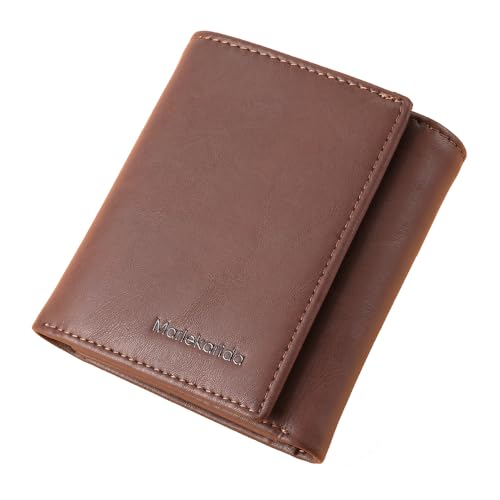 Men's wallet, vintage cowhide, large capacity, multifunctional, short three fold style, buckle closure, RFID shielding protection credit card clip, can hold pants pocket (Red brown)