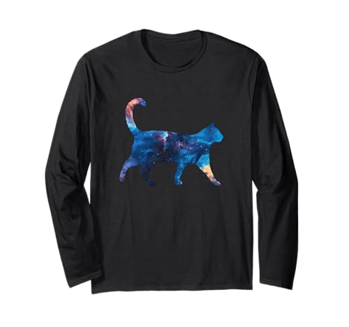 Aesthetic Silhouette Stars Space Galaxy Cat Long Sleeve T-Shirt