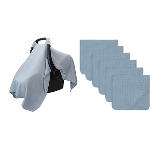 Image of Comfy Cubs Muslin Cotton Baby Car Seat Cover and Burp loth Bundled - Pack of 6 - Pacific Blue