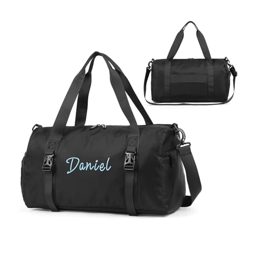 Personalized Travel Duffel Bag, Large Waterproof Sports Weekender, Custom Name Gym Bag (Black)