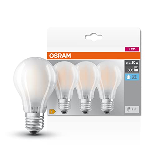 Osram LED-Lampe, Sockel: E27, Kalt weiß, 4000 K, 6,50 W, Ersatz für 60-W-Glühbirne, matt, LED BASE CLASSIC A, 3er-Pack – Ansicht 6