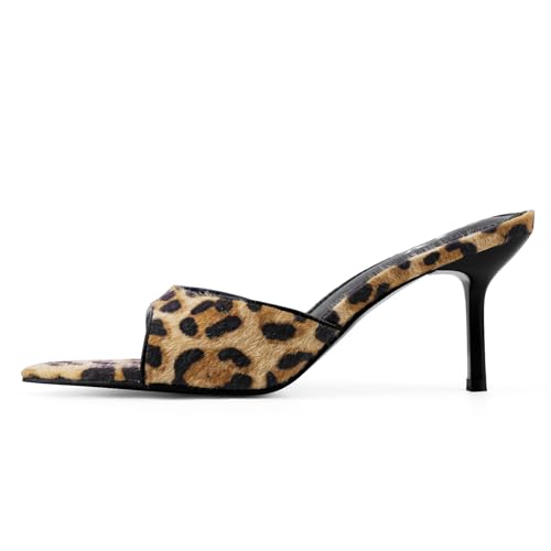 Image of QIV Leopard Kitten Heels Pointed Toe Mule Heels for Women Open Toe Kitten Heel for Party Dressy Wedding