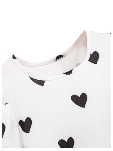 Image of Floerns Girl's 2 Piece Outfit Heart Print Long Sleeve Tee Top and PU Leather Shorts Set Black 11Y
