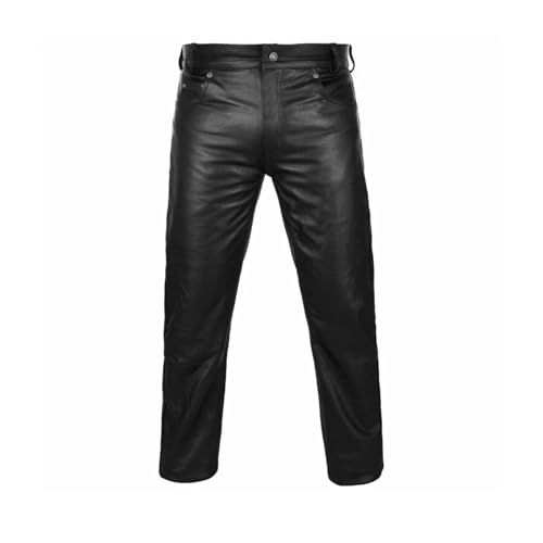 Men`s Genuine Lambskin Leather Trousers Pant, Straight Slim Fit Shinny Motorbikers Leather Pants - Black