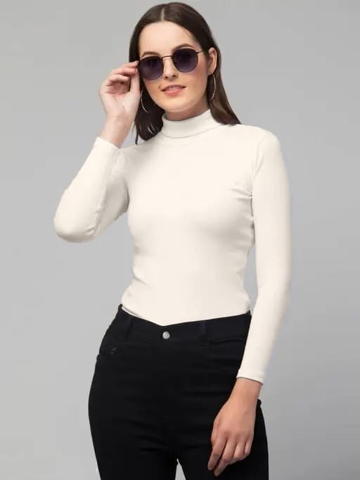 Image of Stylish Black Turtle Neck Cotton Solid Tshirt for Women