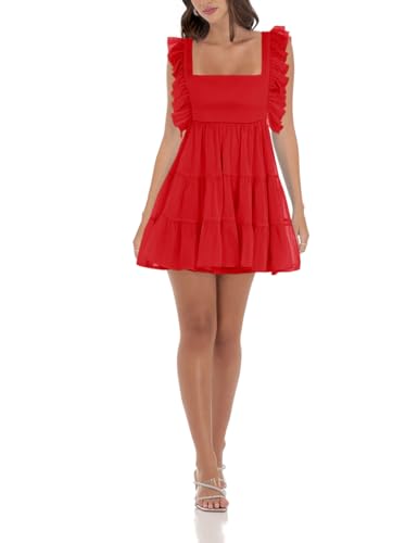 Image of Women's Summer Square Neck Tie Back Ruffle Sleeve Tiered Casual A-Line Short Mini Dress