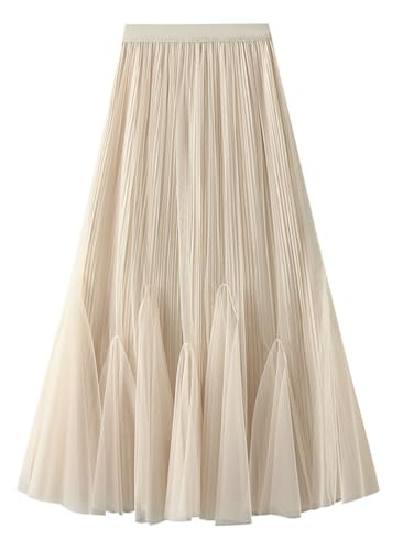 Long Pleated Skirts for Women Elastic High Waist Tulle Flowing Skirt Fairy Midi Skirts Trendy